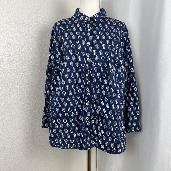 Talbots Top Womens 2XP Blue Floral Button Up Cotton Boho Artsy Minimalist Work - Picture 1 of 9